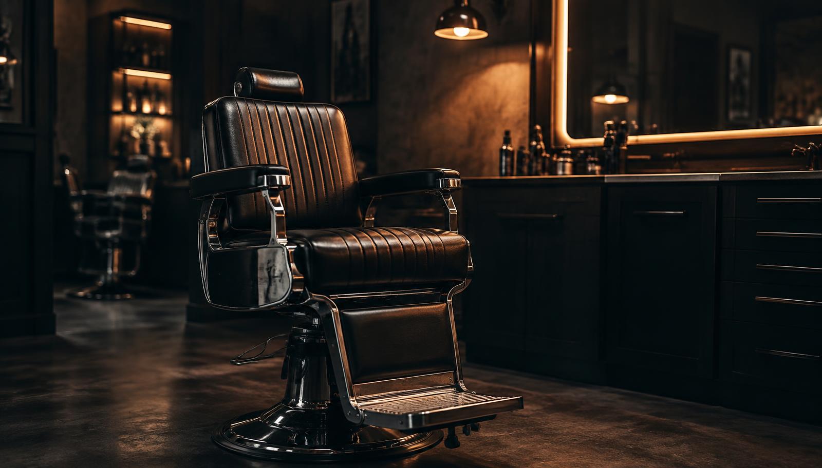 Empty barber chair in a dark shop